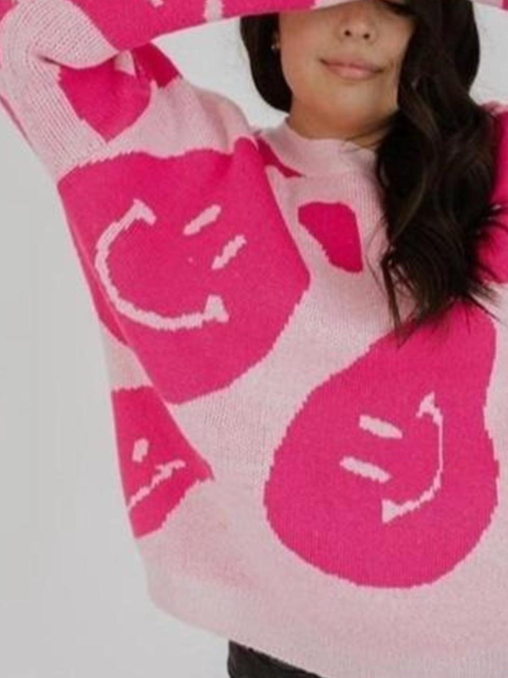 Altar’d State Brianna Smiley Face Knit Sweater Pink Knit Oversized Sweater